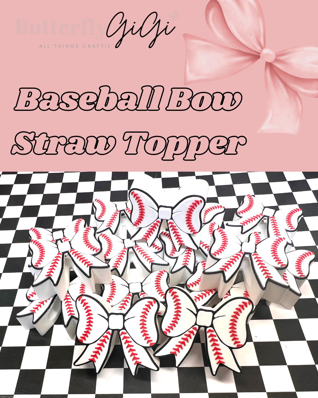 Baseball Bow Straw Topper 3D Printed