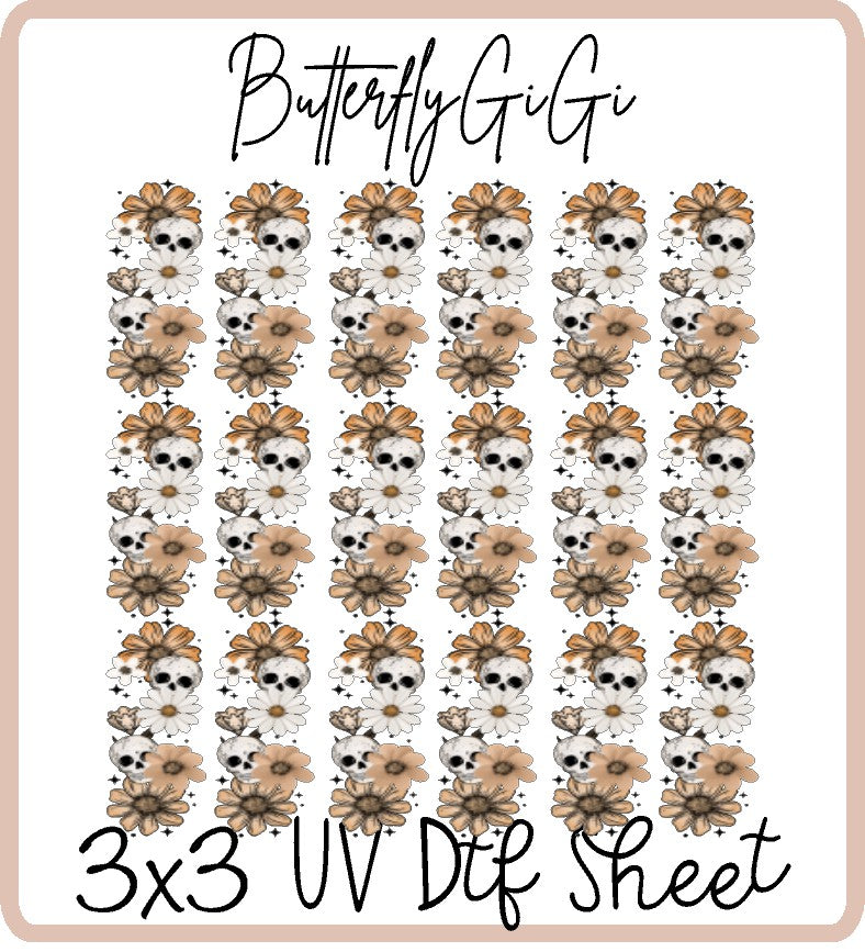 Orange Floral Skull Uv Dtf Sheet