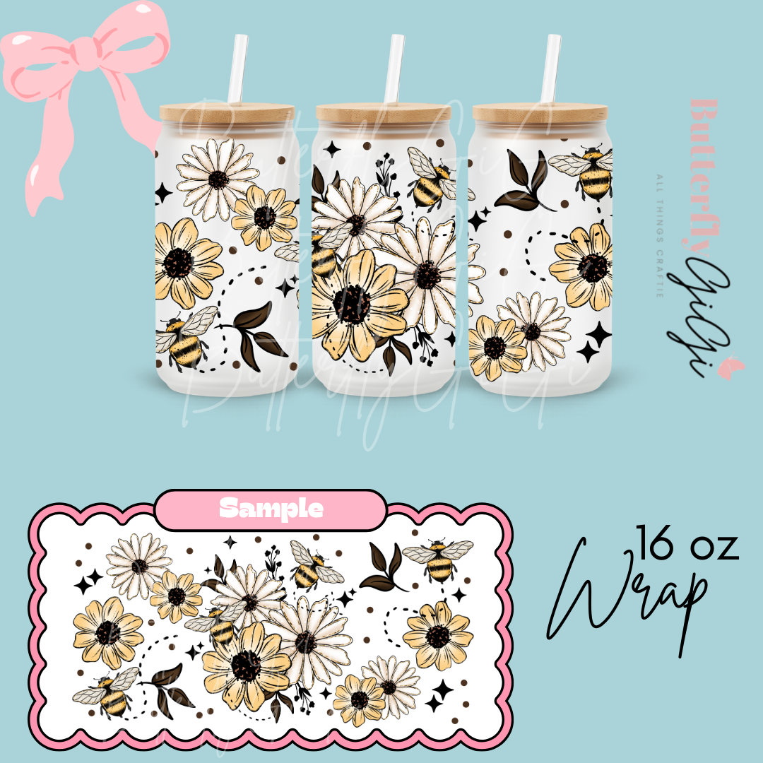 Floral Bees 16oz UVDTF Wrap