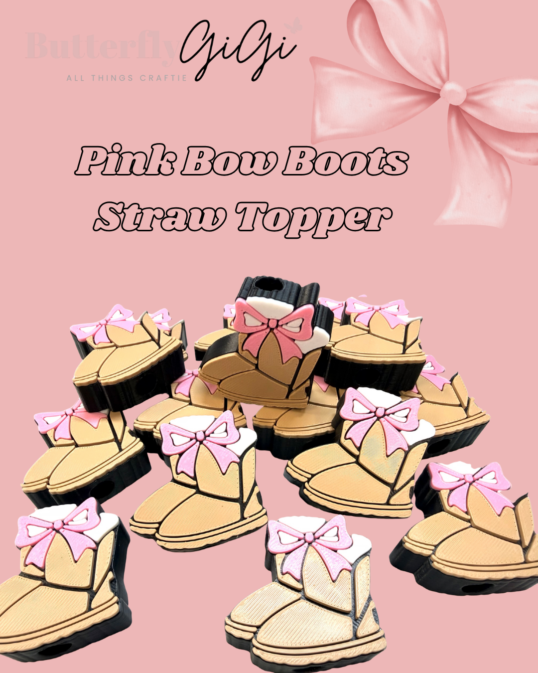 Pink Bow Boots Straw Topper 3D Printed