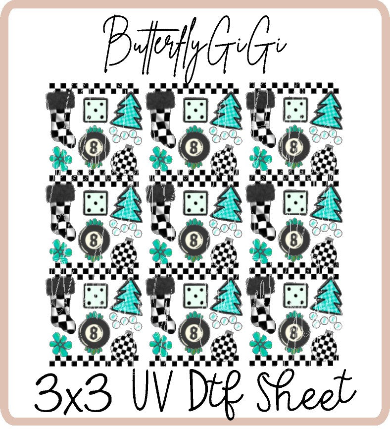 Checkered Christmas Teal Uv Dtf Sheet
