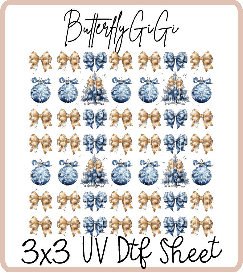 Golden Blue Christmas Uv Dtf Sheet