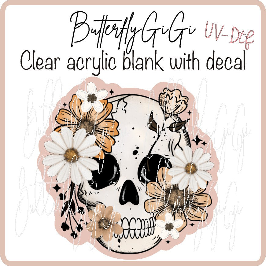 Orange Floral Skull UvDTF
