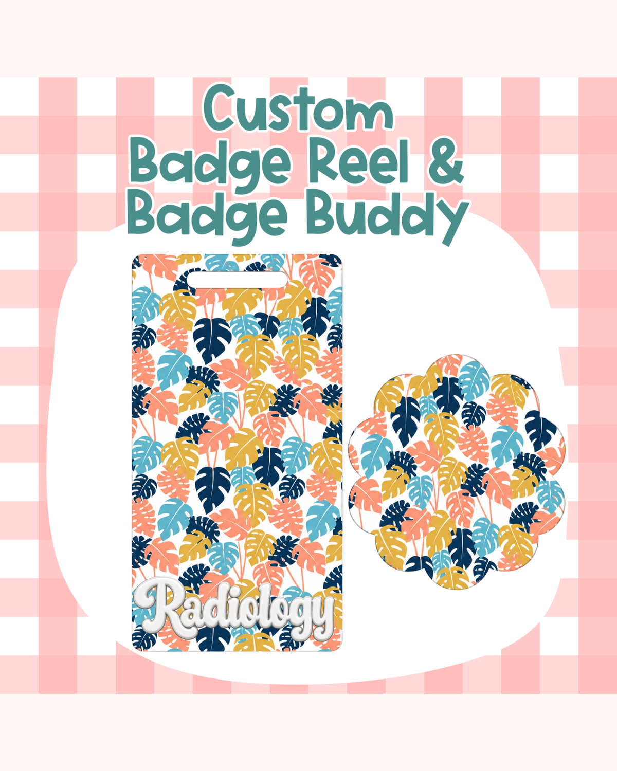 Mustard & Navy Monstera Badge Custom Acrylic Design
