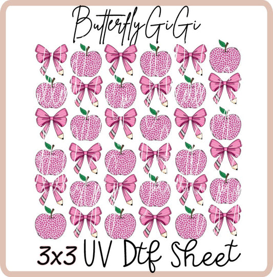 3x3 Pink Apple Bow UV Dtf SHEET