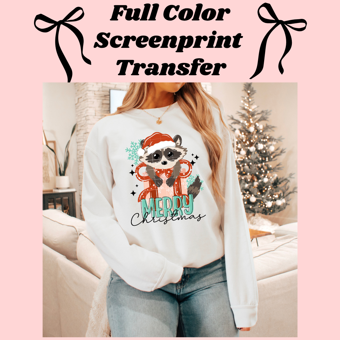 DTF Transfer Merry Christmas Raccoon Present