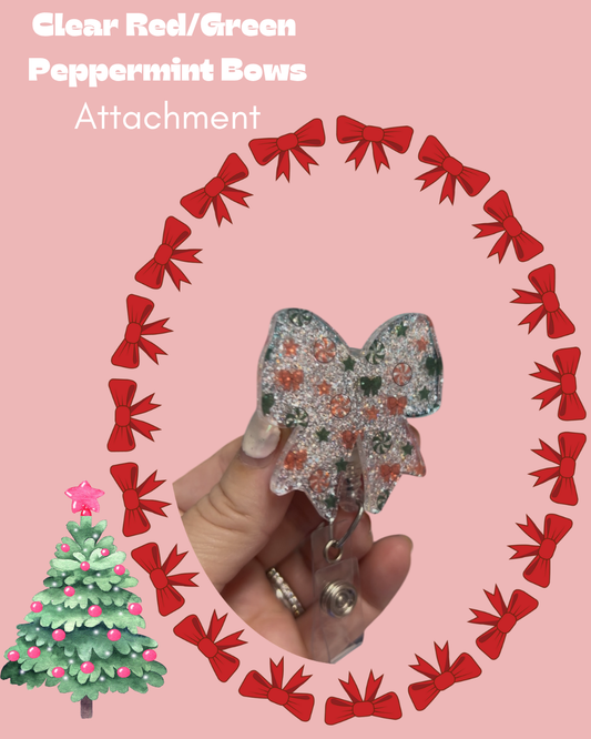 CLEAR Red/Green Peppermint Bows Badge Reel Attachment Acrylic