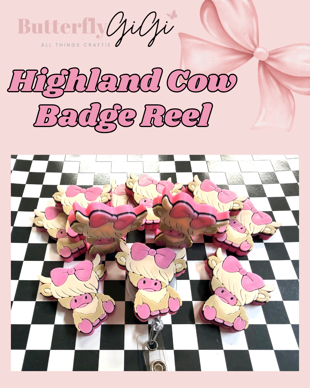Highland Cow Badge Reel Attachment 3D Printed