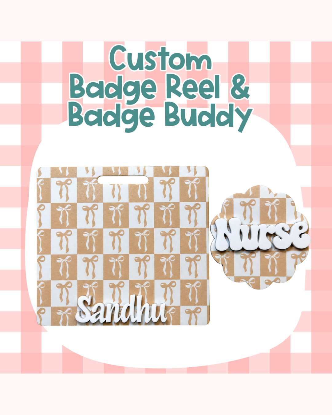 Checkered Bow Beige Badge Custom Acrylic Design