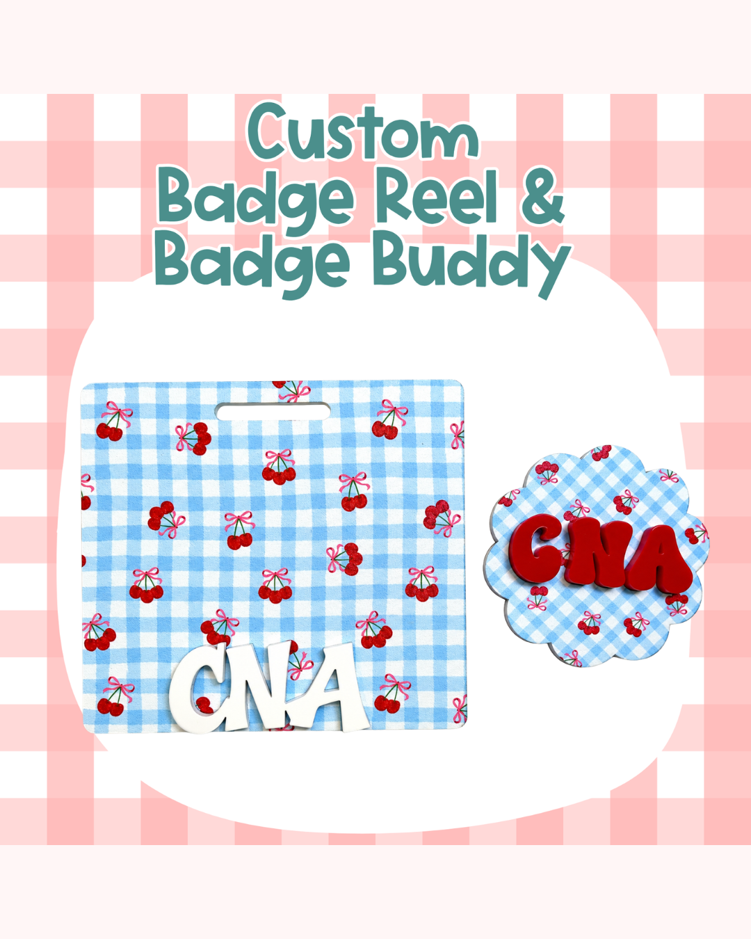 Checkered Cherries Blue Badge Custom Acrylic Design