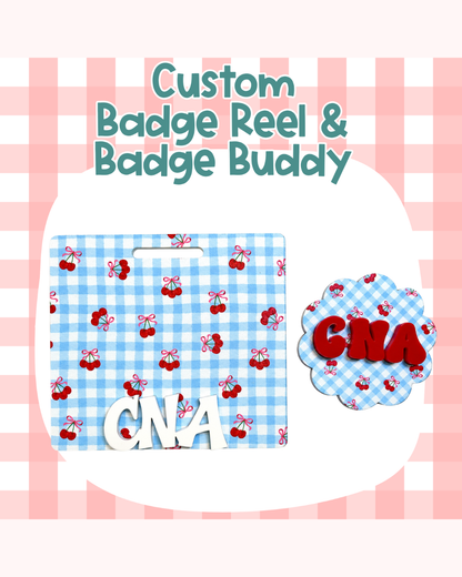 Checkered Cherries Blue Badge Custom Acrylic Design