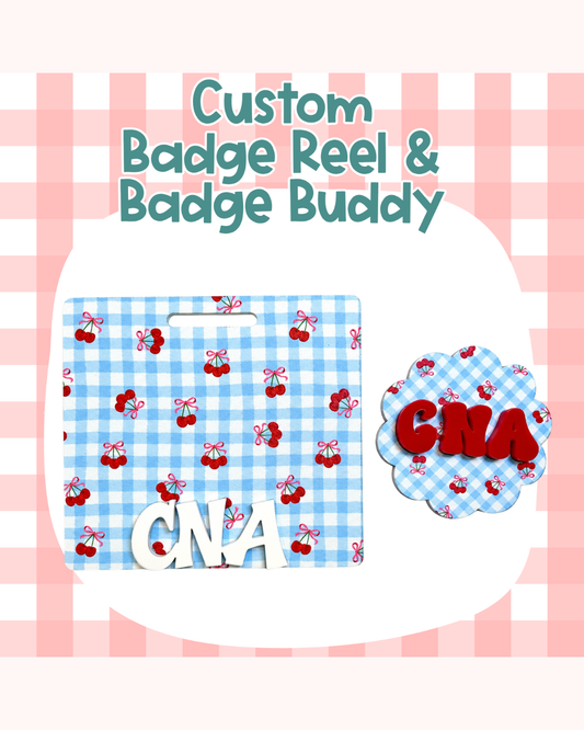 Checkered Cherries Blue Badge Custom Acrylic Design