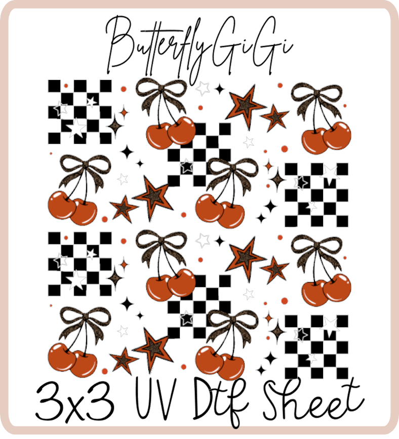 Checkered Cherries Star  3x3 UVDtf Sheet