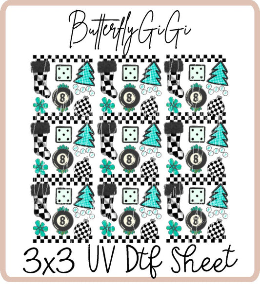 Checkered Christmas Teal Uv Dtf Sheet