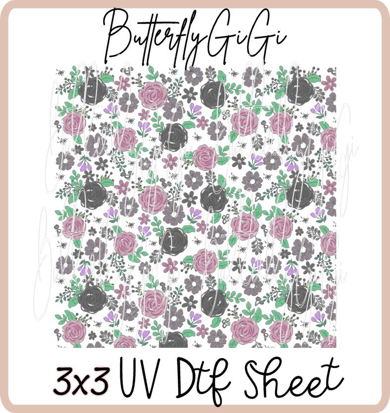 3x3 Grey purple Flowers Uv Dtf SHEET