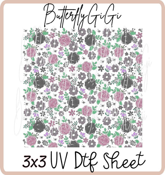 3x3 Grey purple Flowers Uv Dtf SHEET