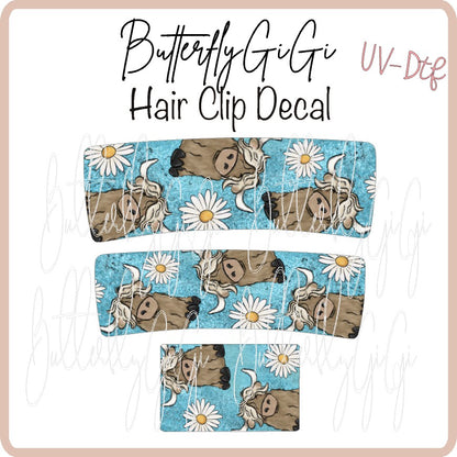 Highland Cow Blue Daisy Hair Clip DECAL UV DTF