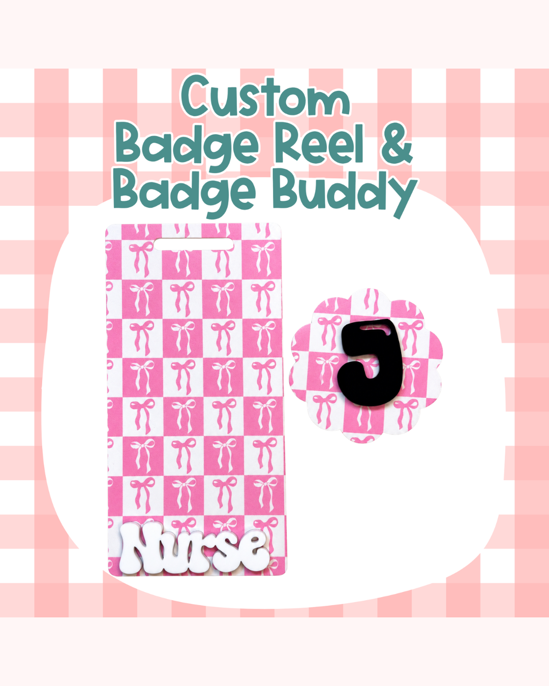 Checkered Bow Pink Badge Custom Acrylic Design