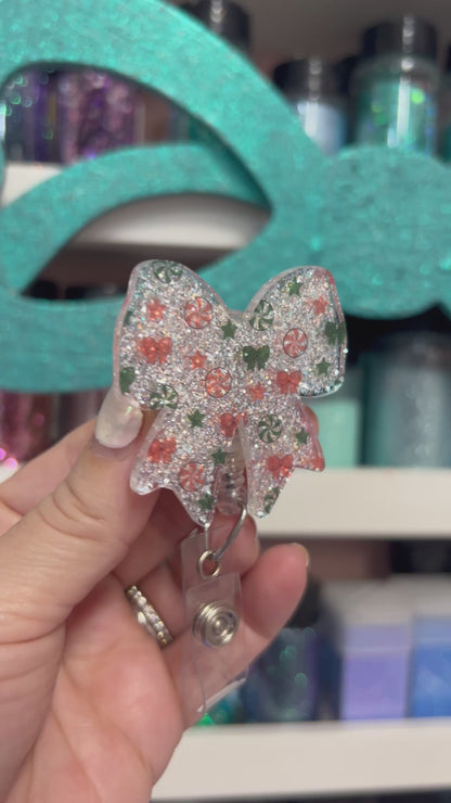 CLEAR Red/Green Peppermint Bows Badge Reel Attachment Acrylic