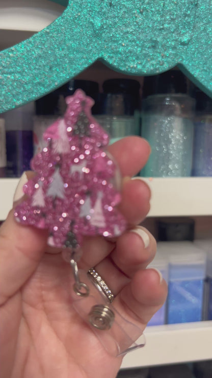 Glitter Pink Black Tree  Badge Reel Attachment Acrylic