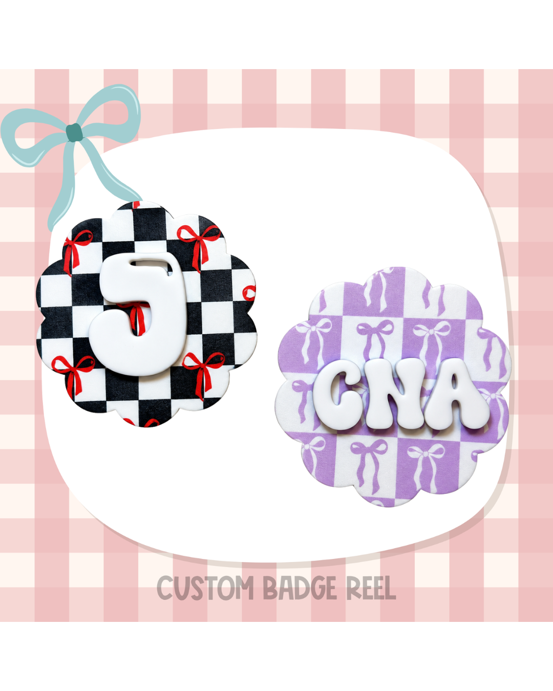 Checkered Bow Badge Reel Custom Acrylic Design