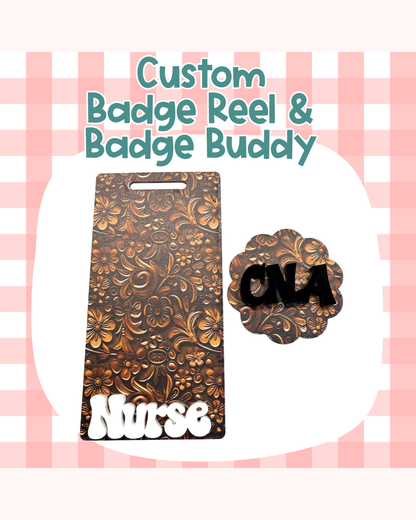 Floral Tooled Leather Badge Reel Badge Buddy Custom Acrylic Design